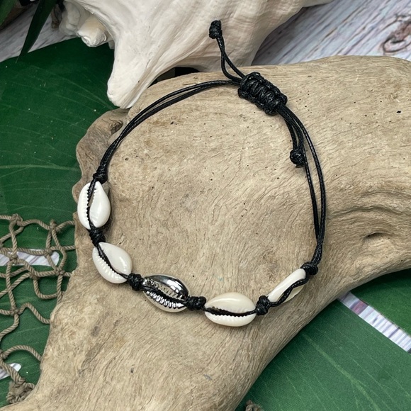 NEW Real Cowrie Shells w Silver on Black Soft wax Cording Bracelet &/or Anklet - Picture 7 of 9